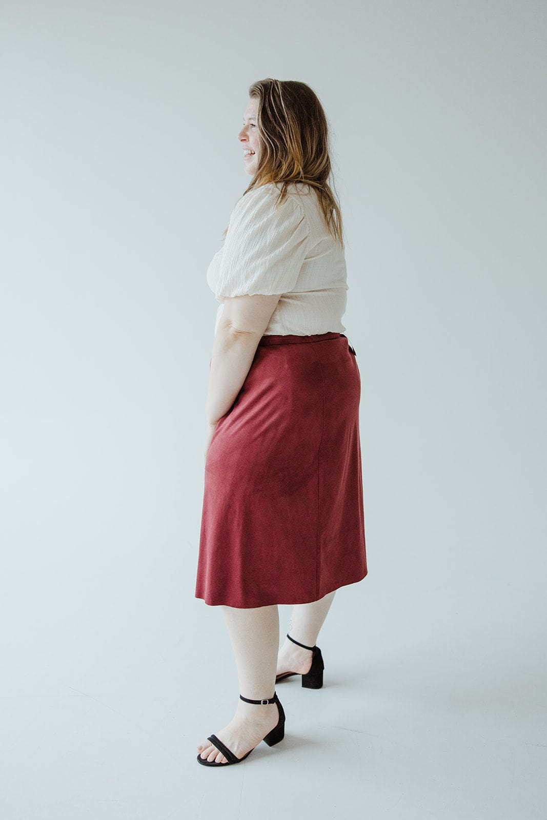 STRETCHY FAUX SUEDE A - LINE SKIRT IN MULLED WINE - Love Marlow