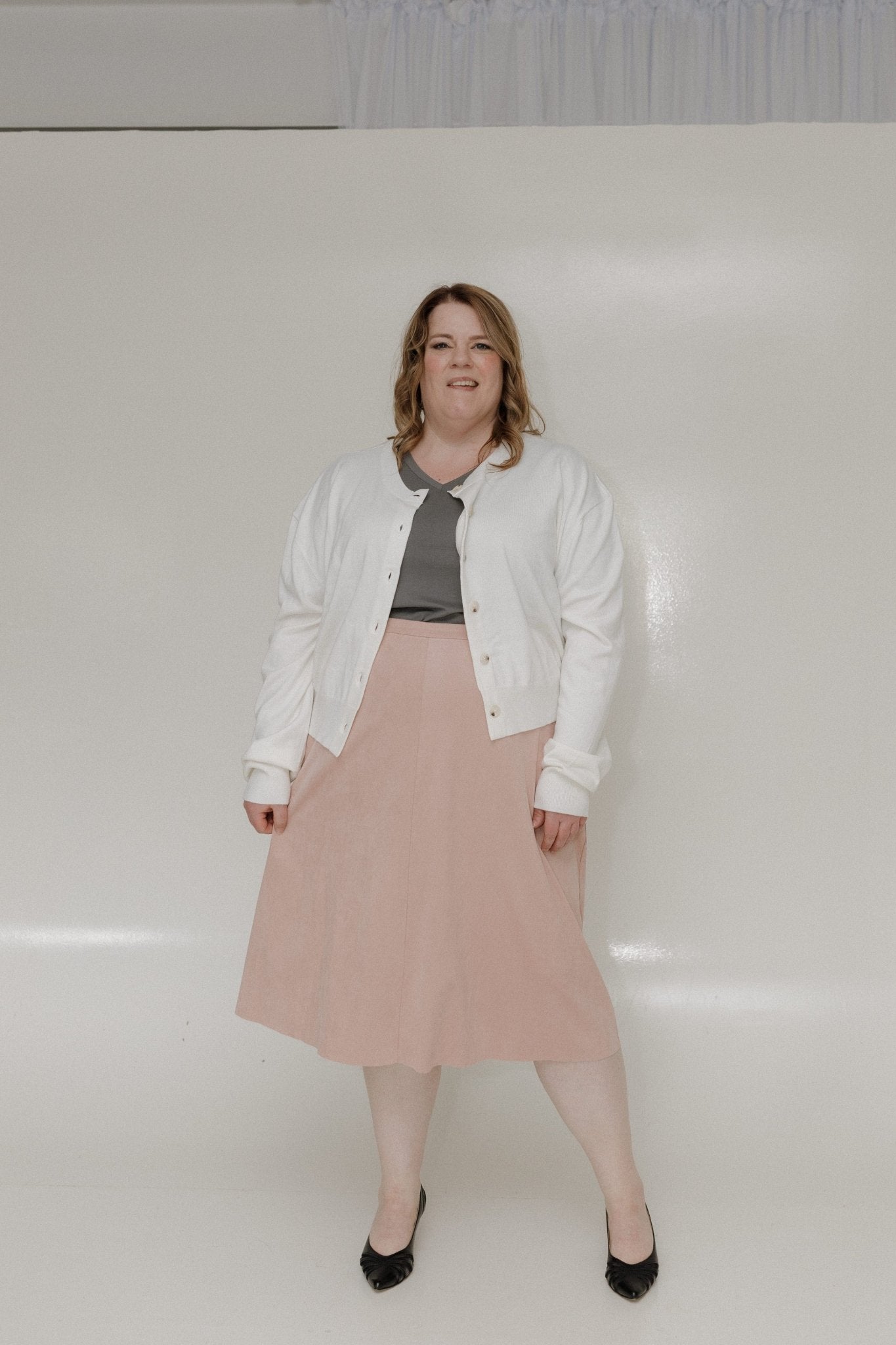 STRETCHY FAUX SUEDE A - LINE SKIRT IN ROSE WATER - Love Marlow