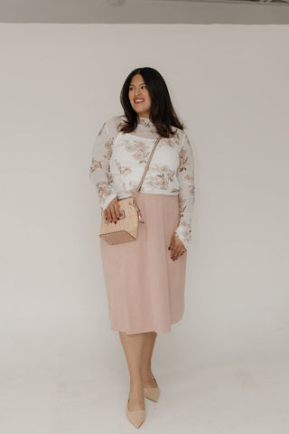 STRETCHY FAUX SUEDE A - LINE SKIRT IN ROSE WATER - Love Marlow