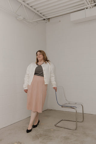 STRETCHY FAUX SUEDE A - LINE SKIRT IN ROSE WATER - Love Marlow