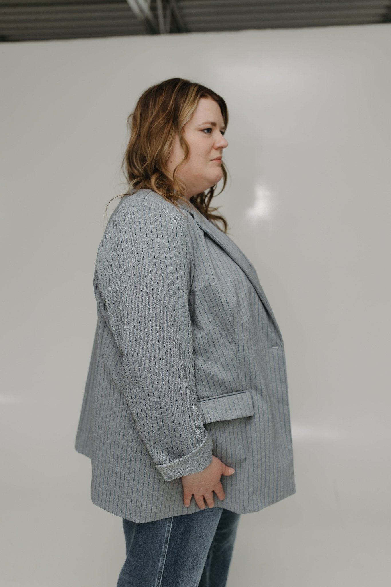 STRETCHY GRAY BLAZER WITH BOSS BLUE PINSTRIPES - Love Marlow