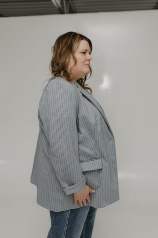 STRETCHY GRAY BLAZER WITH BOSS BLUE PINSTRIPES - Love Marlow