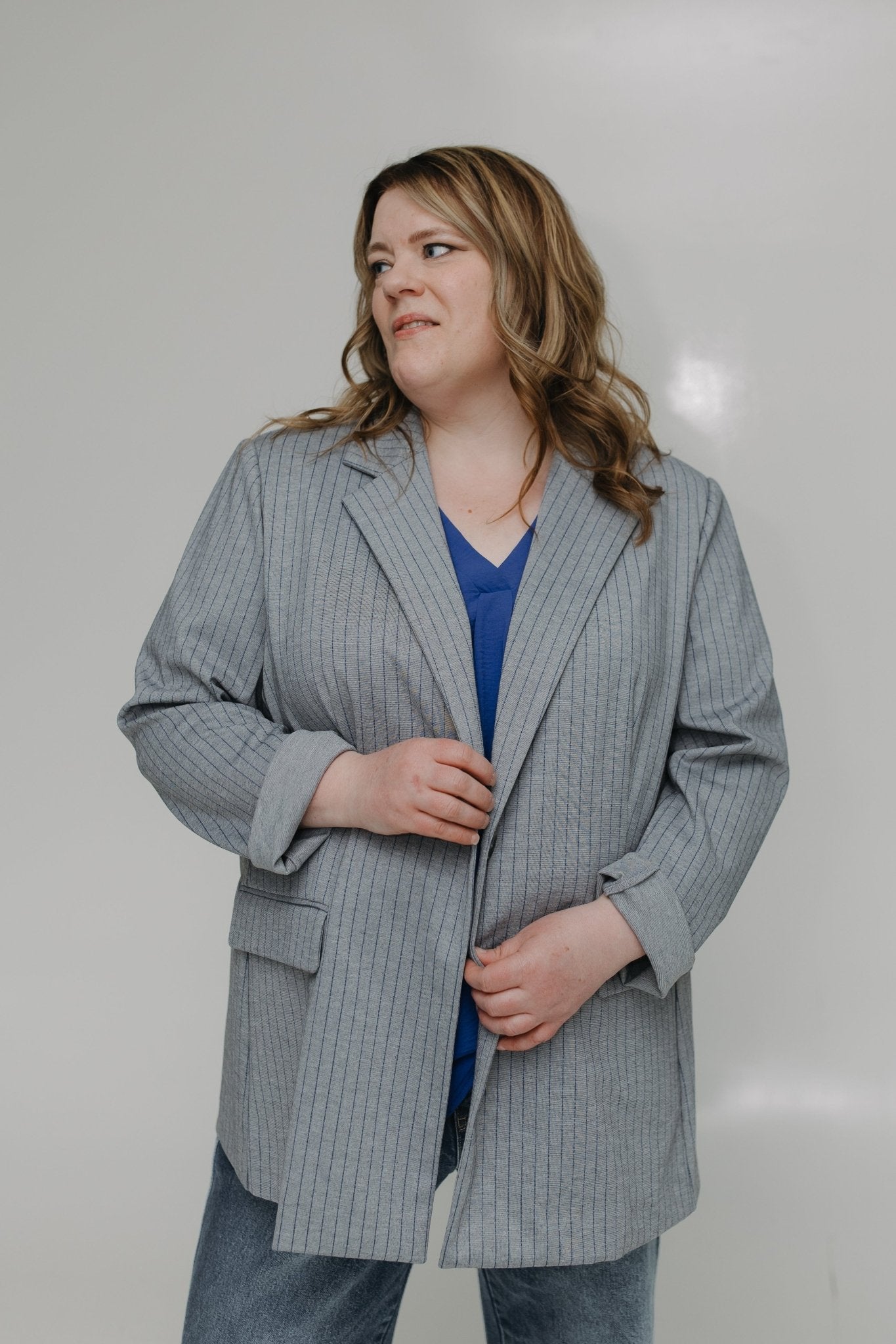 STRETCHY GRAY BLAZER WITH BOSS BLUE PINSTRIPES - Love Marlow