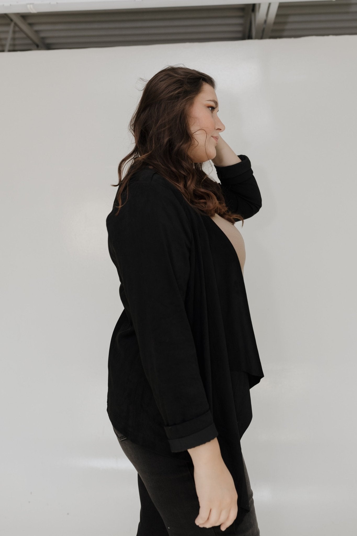 STRETCHY MICROSUEDE DRAPE JACKET - Love Marlow