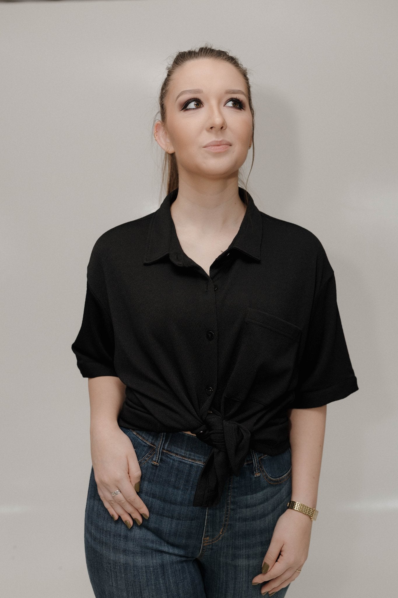 Stretchy Textured Short Sleeve Button - Up – Black - Love Marlow