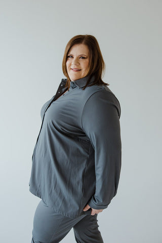 STRETCHY WRINKLE FREE BUTTON - UP BLOUSE IN HAZY STEEL BLUE - Love Marlow