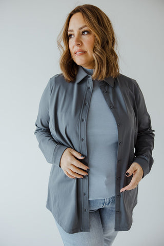 STRETCHY WRINKLE FREE BUTTON - UP BLOUSE IN HAZY STEEL BLUE - Love Marlow