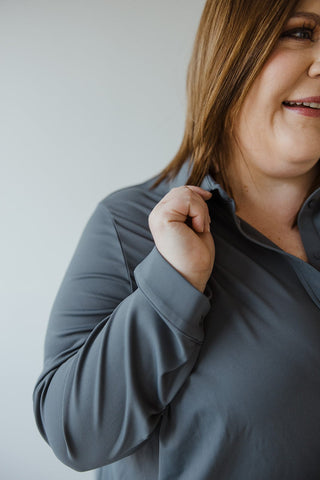STRETCHY WRINKLE FREE BUTTON - UP BLOUSE IN HAZY STEEL BLUE - Love Marlow
