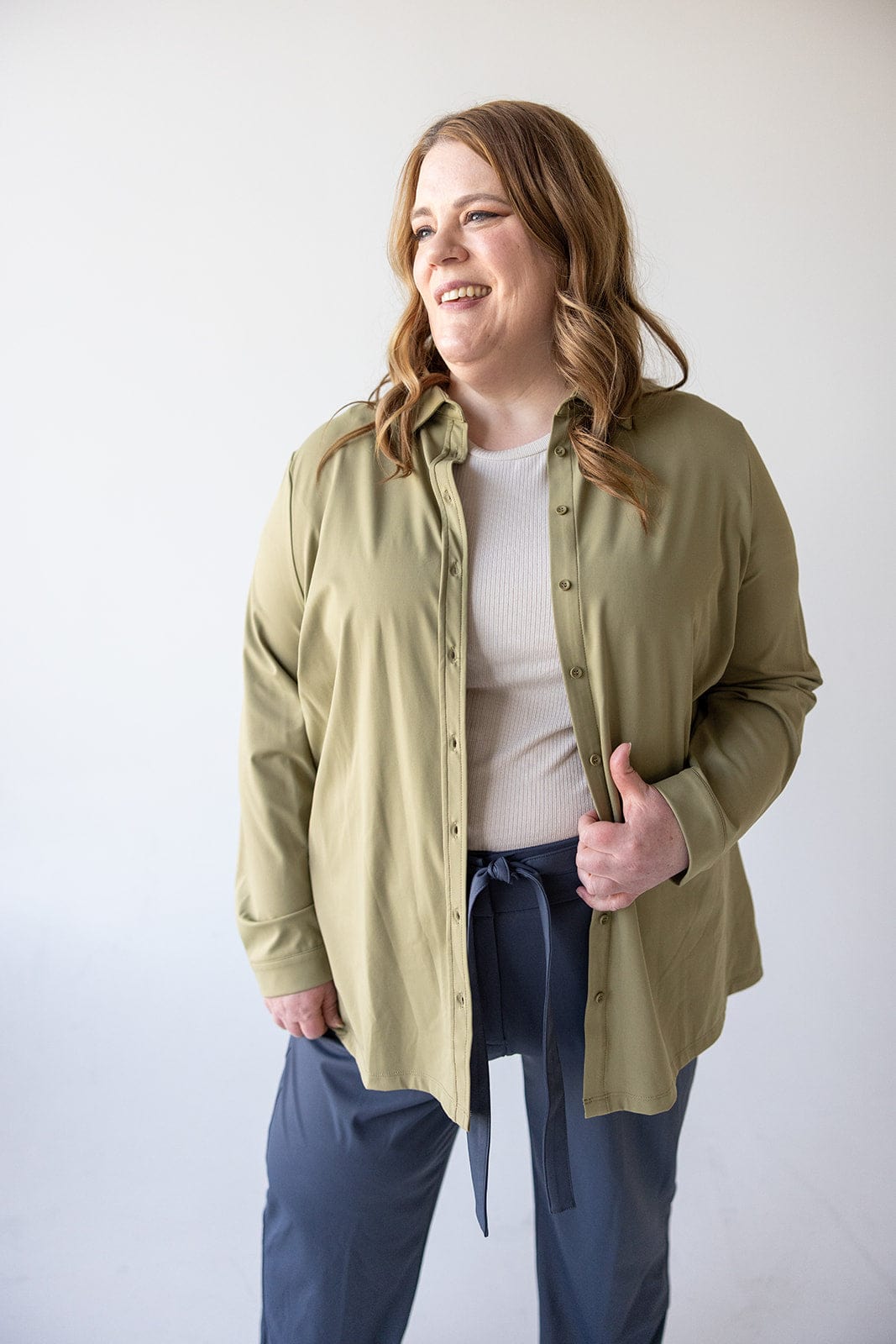 STRETCHY WRINKLE FREE BUTTON - UP BLOUSE IN NETTLE - Love Marlow