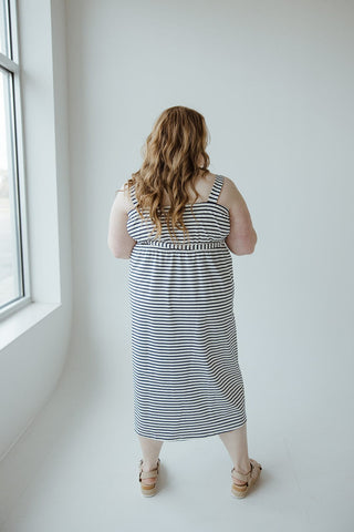 STRIPE SQUARE NECK MIDI DRESS IN NAVY AND WHITE - Love Marlow