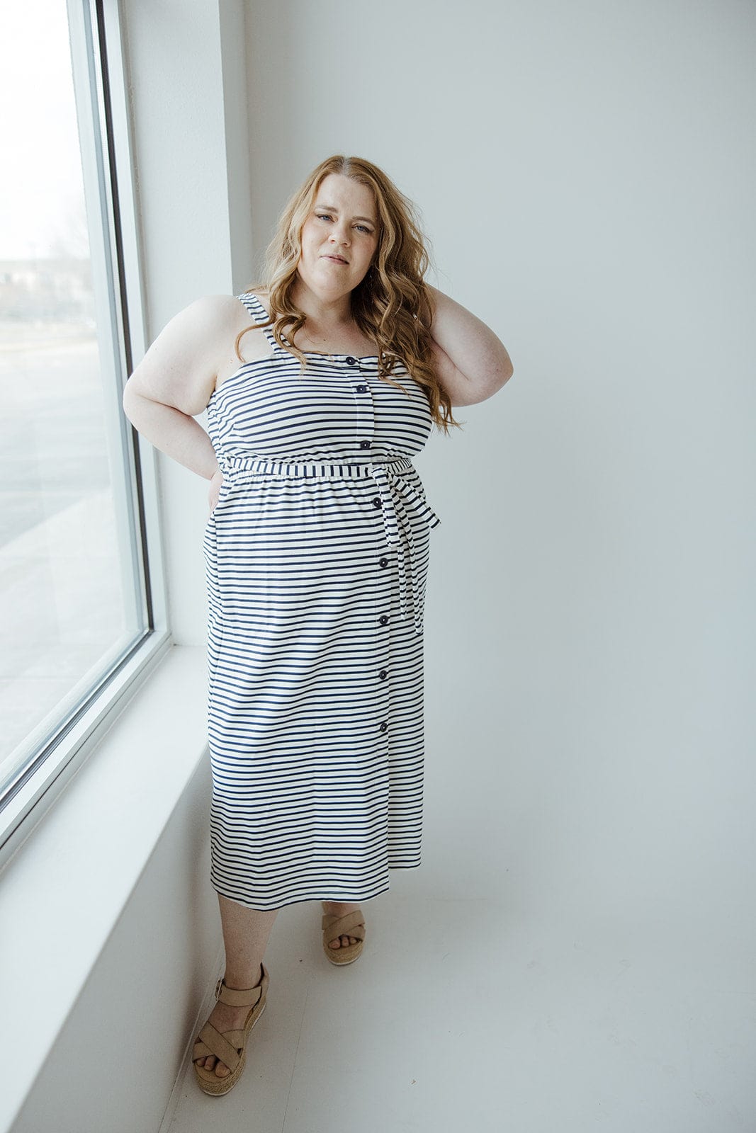 STRIPE SQUARE NECK MIDI DRESS IN NAVY AND WHITE - Love Marlow