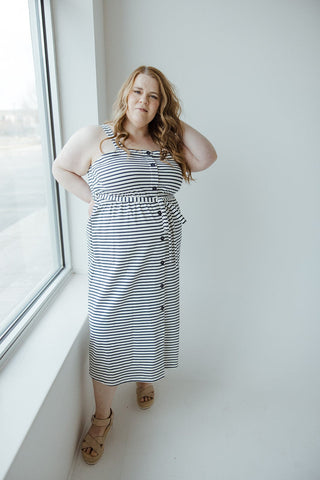 STRIPE SQUARE NECK MIDI DRESS IN NAVY AND WHITE - Love Marlow