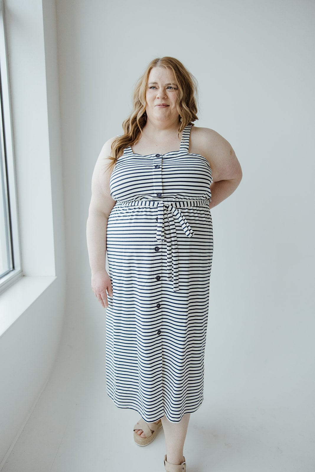 STRIPE SQUARE NECK MIDI DRESS IN NAVY AND WHITE - Love Marlow