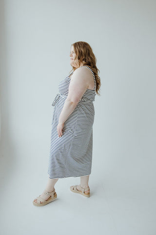 STRIPE SQUARE NECK MIDI DRESS IN NAVY AND WHITE - Love Marlow