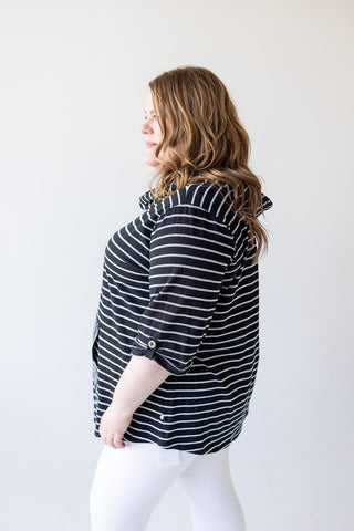 STRIPED COWL NECK HOODIE IN BLACK - Love Marlow