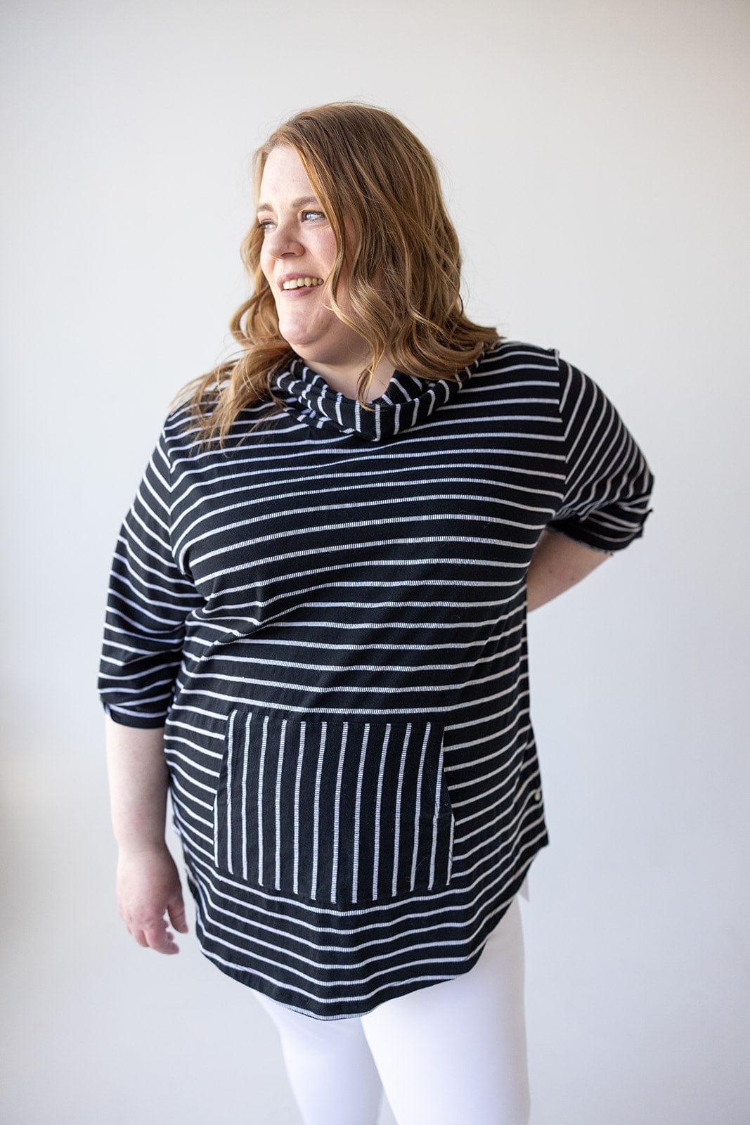 STRIPED COWL NECK HOODIE IN BLACK - Love Marlow