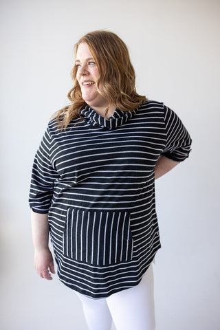 STRIPED COWL NECK HOODIE IN BLACK - Love Marlow
