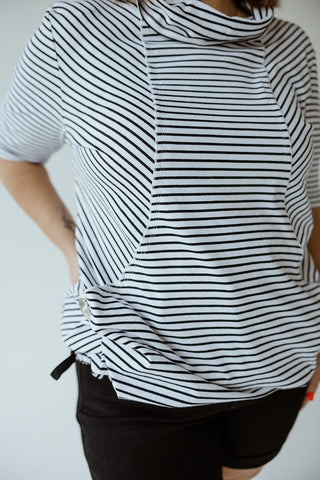 STRIPED COWL NECK SHORT SLEEVE TUNIC IN OFF - WHITE - Love Marlow
