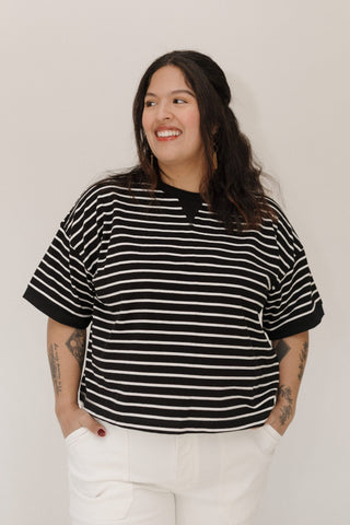 Striped Cropped Tee – White & Black Contrast Detail - Love Marlow