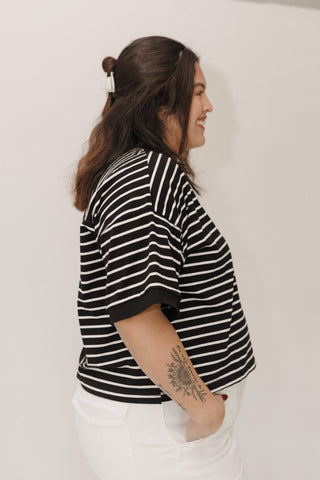 Striped Cropped Tee – White & Black Contrast Detail - Love Marlow