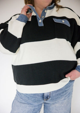 Striped Denim Collar Sweater Knit Top – Black | Ivory - Love MarlowSweaters