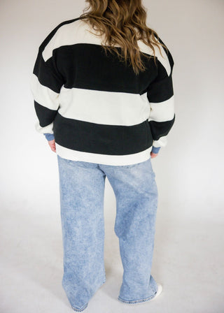 Striped Denim Collar Sweater Knit Top – Black | Ivory - Love MarlowSweaters