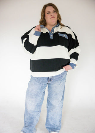 Striped Denim Collar Sweater Knit Top – Black | Ivory - Love MarlowSweaters