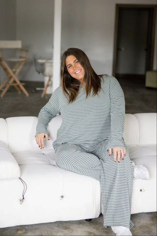 Striped Elastic Waist French Terry Pants – Olive | Cream - Love Marlow