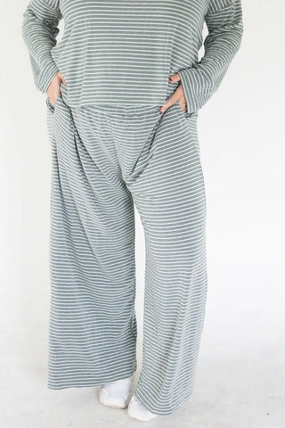 Striped Elastic Waist French Terry Pants – Olive | Cream - Love Marlow