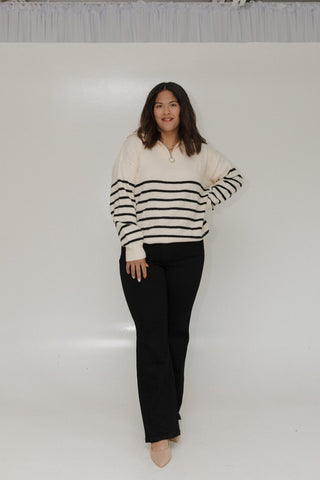 STRIPED HALF - ZIP SWEATER IN WINTER ECRU AND BLACK - Love Marlow