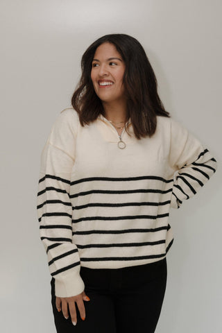 STRIPED HALF - ZIP SWEATER IN WINTER ECRU AND BLACK - Love Marlow