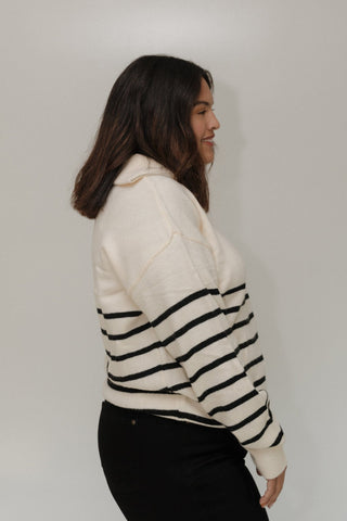 STRIPED HALF - ZIP SWEATER IN WINTER ECRU AND BLACK - Love Marlow