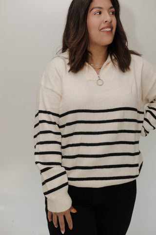 STRIPED HALF - ZIP SWEATER IN WINTER ECRU AND BLACK - Love Marlow