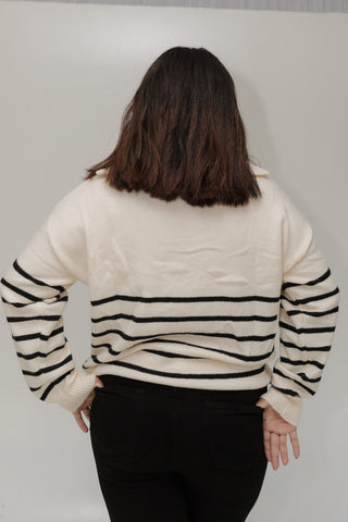 STRIPED HALF - ZIP SWEATER IN WINTER ECRU AND BLACK - Love Marlow