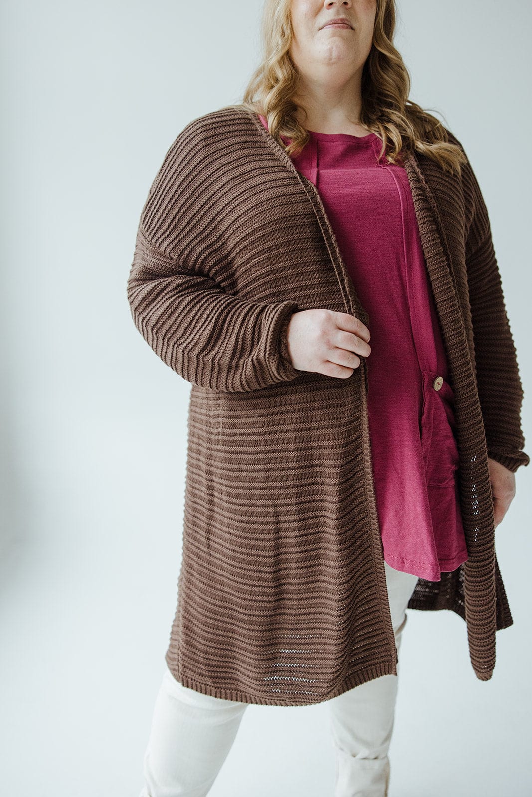 STRIPED KNIT PATTERN CARDIGAN IN GANACHE - 20 - Love Marlow