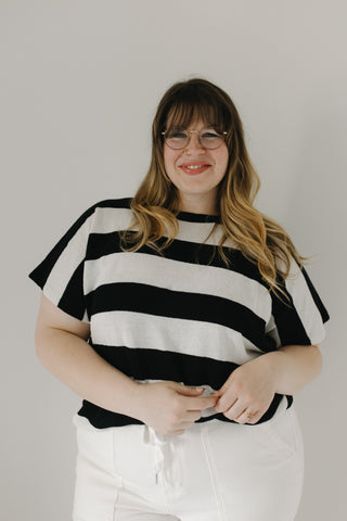 STRIPED LIGHTWEIGHT DOLMAN SLEEVE SWEATER IN BLACK AND ECRU - Love Marlow