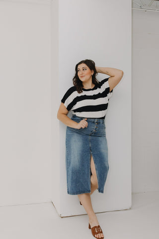 STRIPED LIGHTWEIGHT DOLMAN SLEEVE SWEATER IN BLACK AND ECRU - Love Marlow