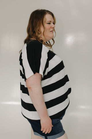 STRIPED LIGHTWEIGHT DOLMAN SLEEVE SWEATER IN BLACK AND ECRU - Love Marlow