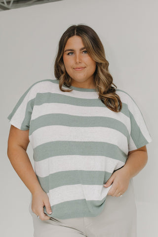 STRIPED LIGHTWEIGHT DOLMAN SLEEVE SWEATER IN JADE SMOKE AND ECRU - Love Marlow