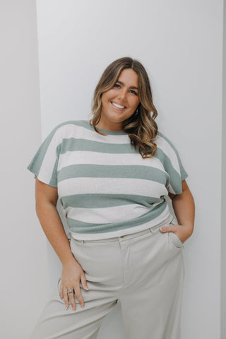 STRIPED LIGHTWEIGHT DOLMAN SLEEVE SWEATER IN JADE SMOKE AND ECRU - Love Marlow