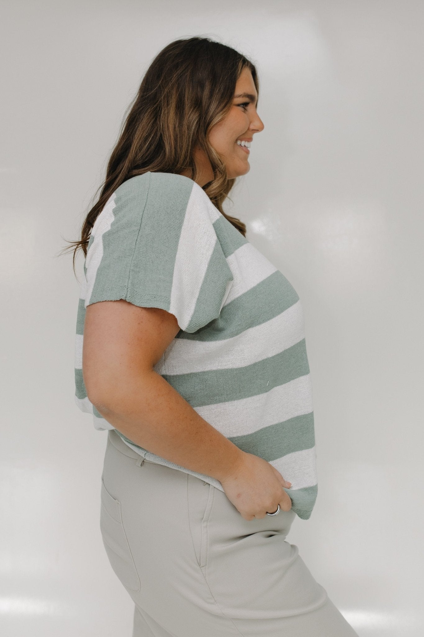 STRIPED LIGHTWEIGHT DOLMAN SLEEVE SWEATER IN JADE SMOKE AND ECRU - Love Marlow