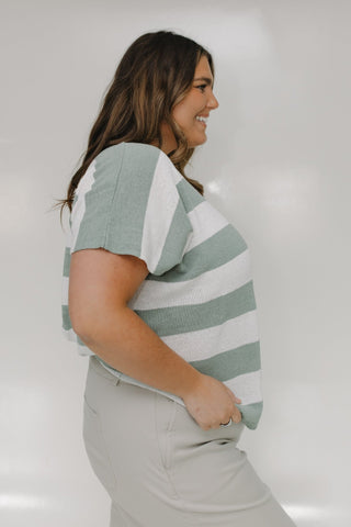 STRIPED LIGHTWEIGHT DOLMAN SLEEVE SWEATER IN JADE SMOKE AND ECRU - Love Marlow