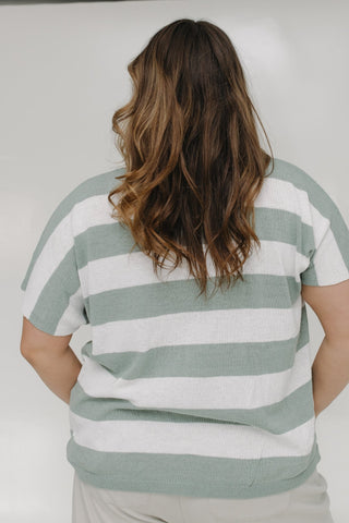 STRIPED LIGHTWEIGHT DOLMAN SLEEVE SWEATER IN JADE SMOKE AND ECRU - Love Marlow