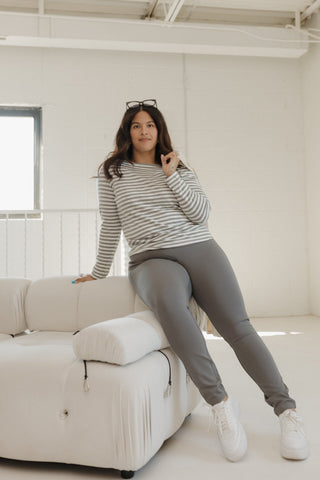 STRIPED LONG - SLEEVE TEE IN LIGHT GREY AND ECRU - Love Marlow