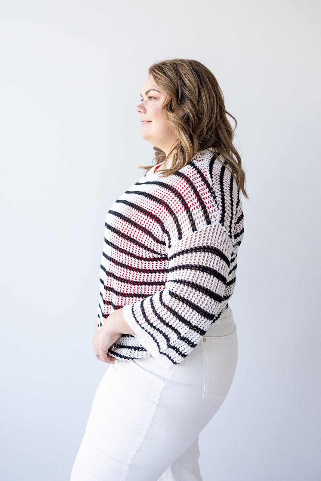 STRIPED OPEN WEAVE SWEATER - Love Marlow