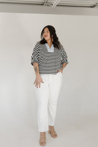 Striped Pullover Top – Cotton Contrast Collar - Love Marlow