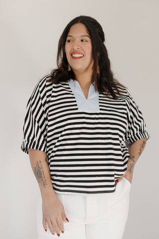 Striped Pullover Top – Cotton Contrast Collar - Love Marlow