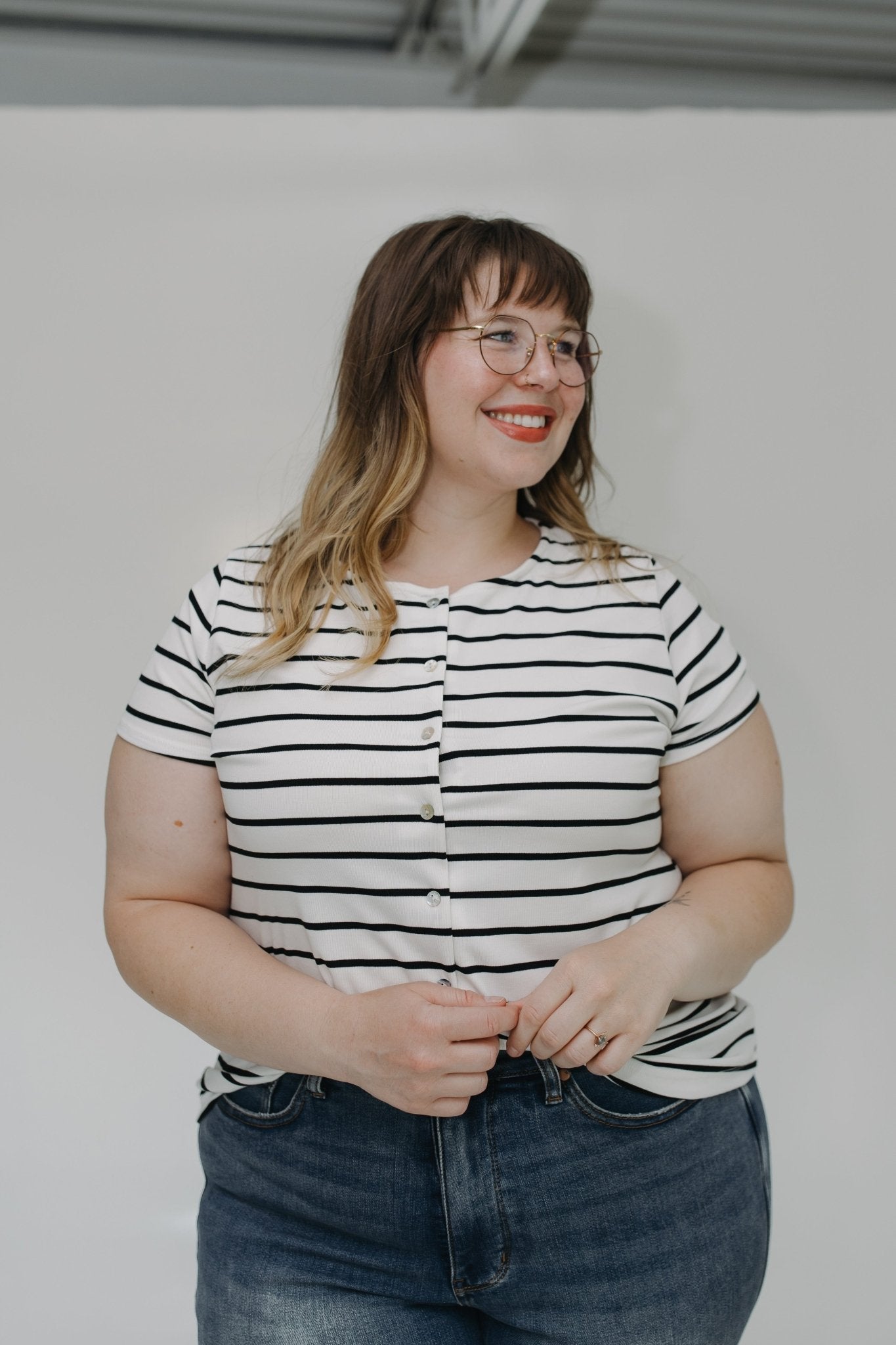 STRIPED ROUND NECK BUTTON FRONT TEE - Love Marlow