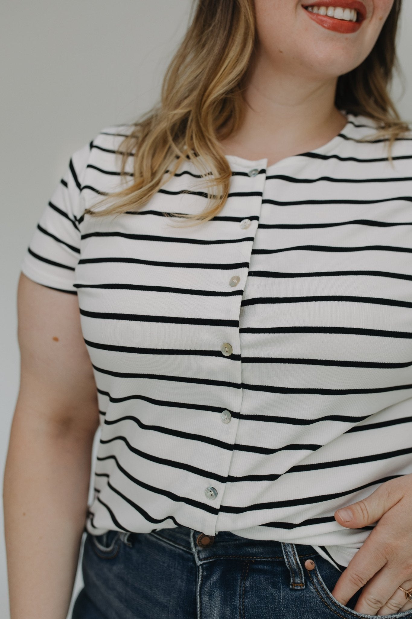 STRIPED ROUND NECK BUTTON FRONT TEE - Love Marlow