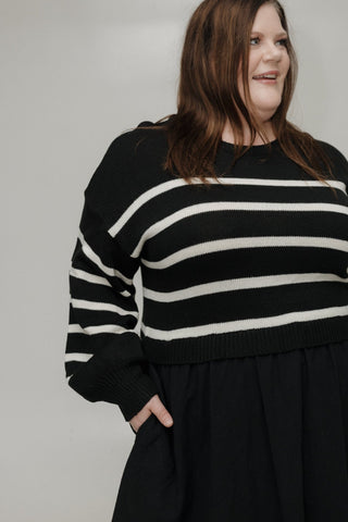 STRIPED SWEATER BODICE DRESS IN BLACK AND CREAM - Love Marlow